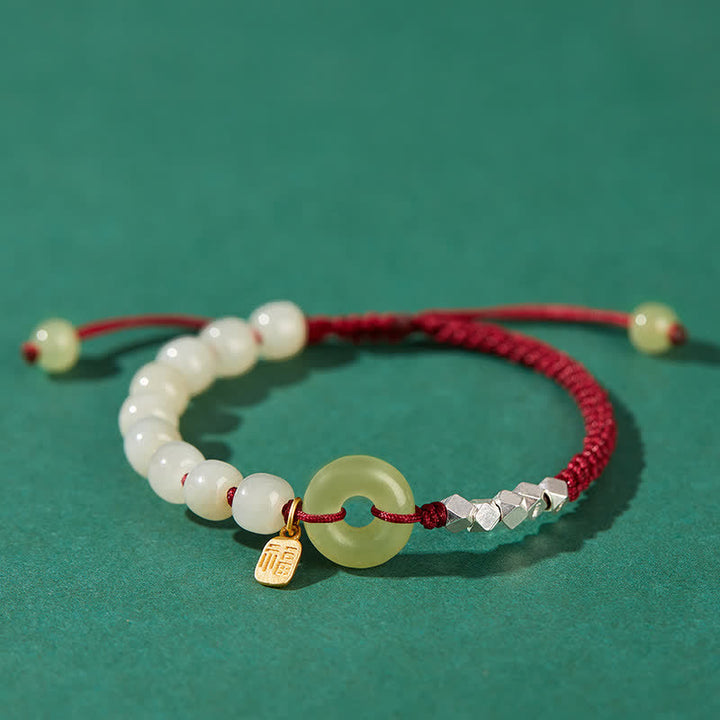 Braccialetto con ciondolo di fortuna e felicità con perline e fibbia della pace in giada Hetian in argento sterling 925 Buddha Stones - Rosso scuro - image 16