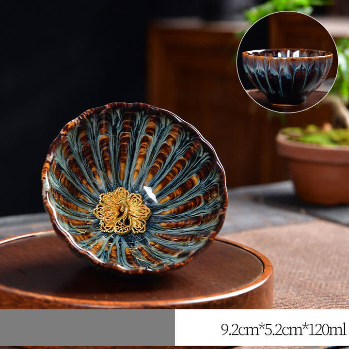Buddha Stones Lotus Pavone Drago Fenice Koi Pesce Tazza da tè in ceramica Tazze da tè intarsiate 120ml - Oro - Pavone - image 11