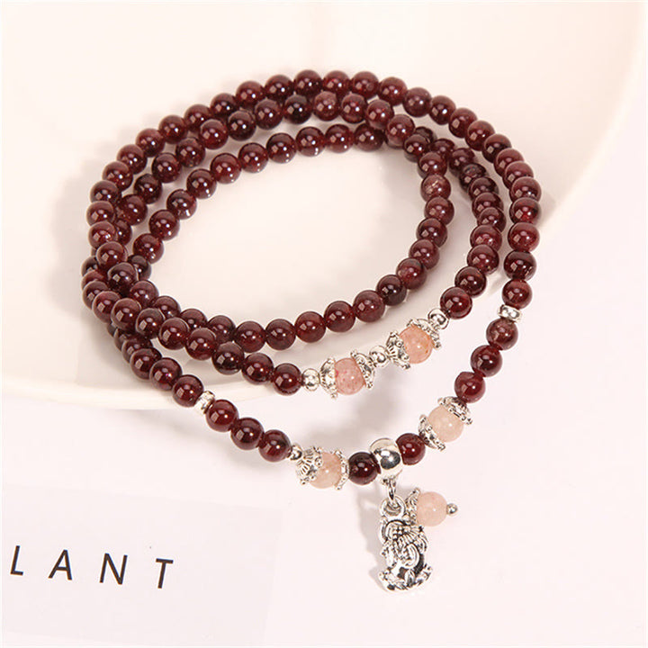 Braccialetto triplo giro con protezione PiXiu , Buddha Stones, granato naturale, quarzo fragola, fagiolini verdi