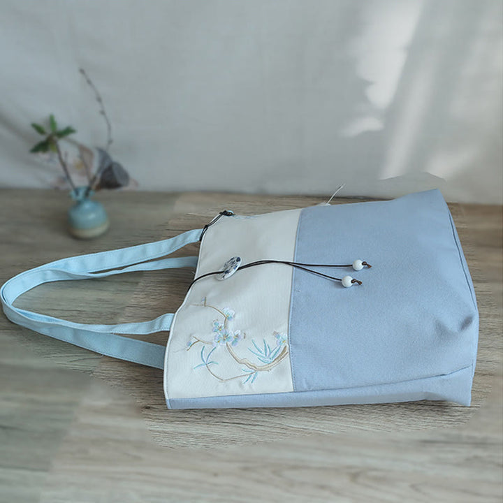 Borsa a tracolla grande capacità in tela con ricamo in bambù, prugna, fiore di pera, pesco - image 18