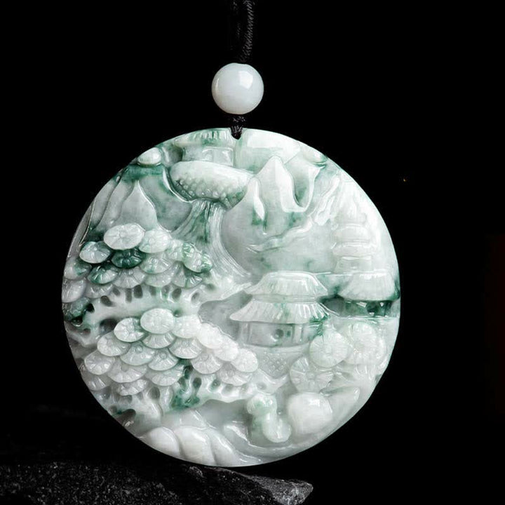 Collana con corda di abbondanza di giada con paesaggio montano Buddha Stones