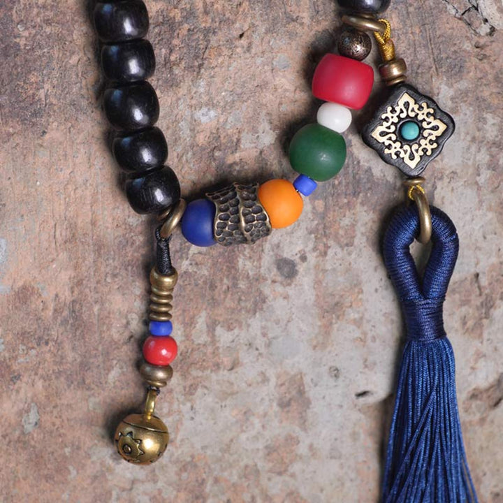 Buddha Stones 108 Perline Mala Legno di Ebano Dzi Perline Rame Braccialetto con Nappa - image 9