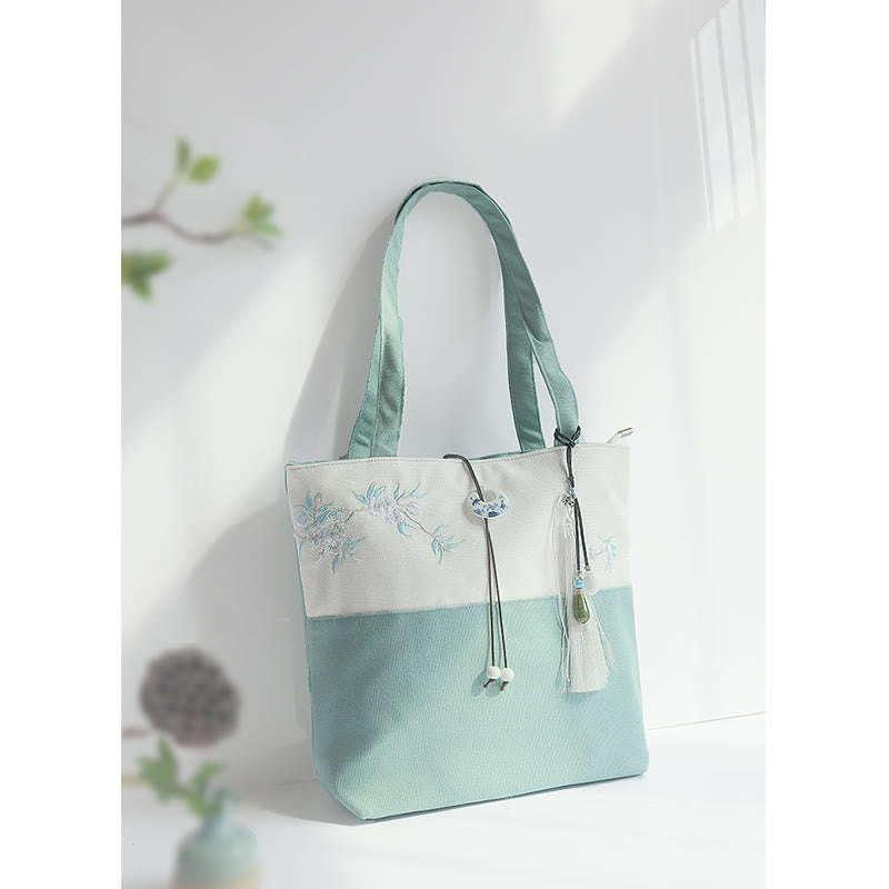 Borsa a tracolla grande capacità in tela con ricamo in bambù, prugna, fiore di pera, pesco - image 4
