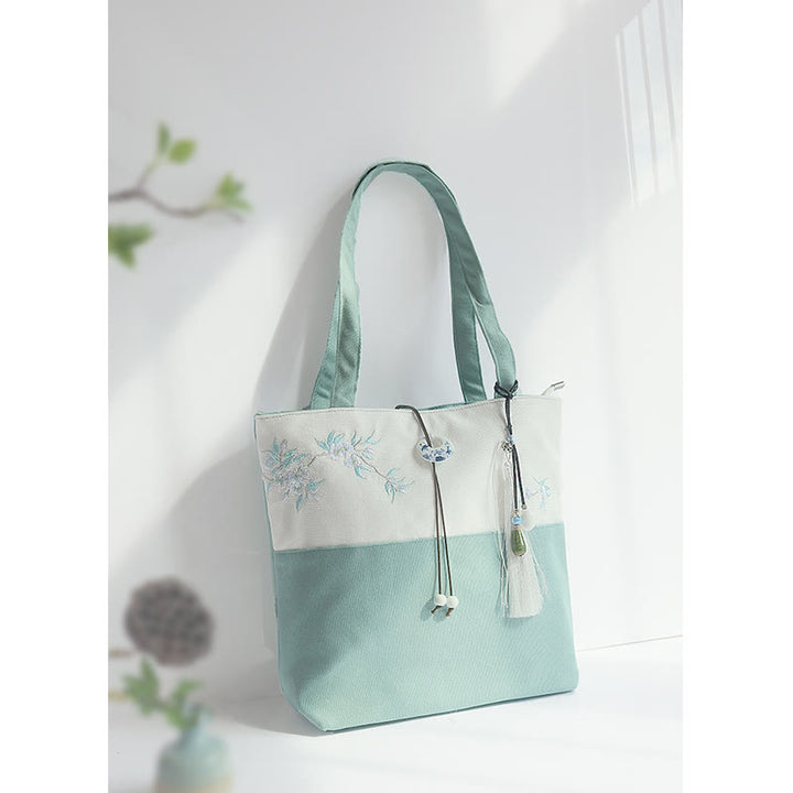 Borsa a tracolla grande capacità in tela con ricamo in bambù, prugna, fiore di pera, pesco - image 4