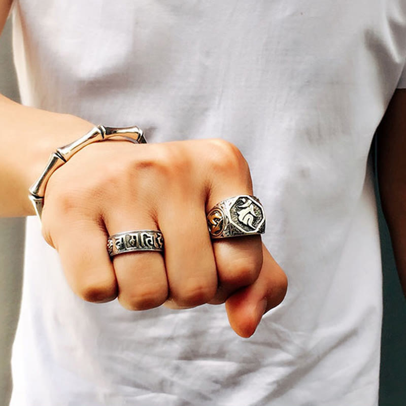 Anello regolabile con protezione intagliata in argento sterling 925 con design sanscrito Buddha Stones - image 28