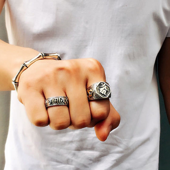 Anello regolabile con protezione intagliata in argento sterling 925 con design sanscrito Buddha Stones - image 28