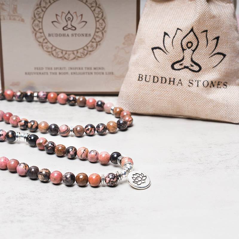 Buddha Stones 108 Mala Beads Rhodonite Lotus Compassion Energy Bracciale