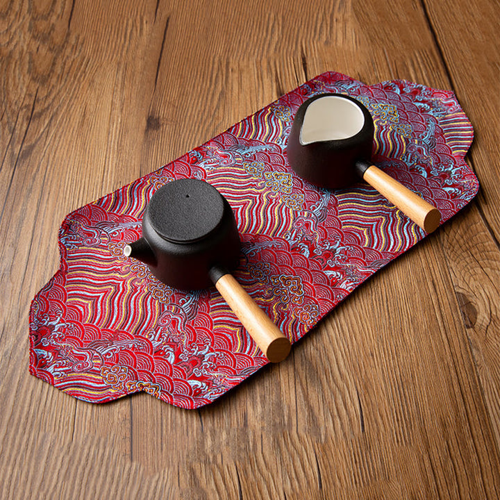Buddha Stones Sea Wave Bamboo Plum Blossom Broccato Ricamo Sottobicchiere per tazza da tè Kung Fu Tappetino da tè