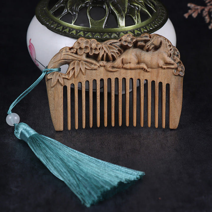 Pettine con nappa di cura inciso a forma di fiore di peonia volpe sandalo verde