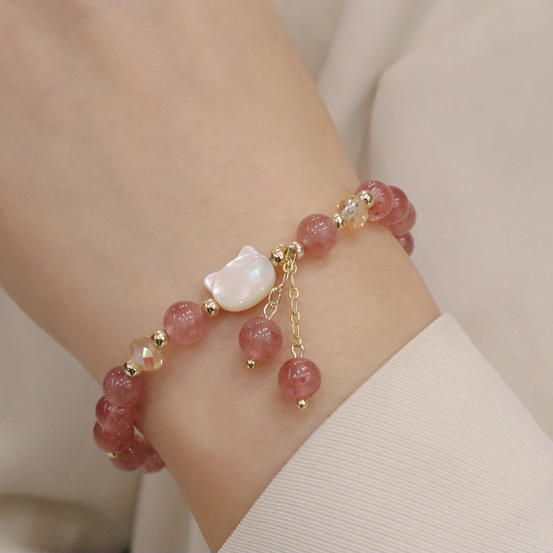 Braccialetto Buddha Stones Natural Strawberry Quartz Morganite Tridacna Stone Cat Love - Pietra di quarzo fragola Tridacna Gatto (circonferenza polso 12-14 cm) - image 1