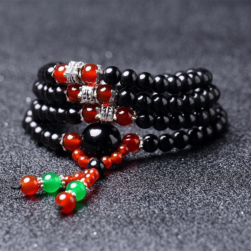 Buddha Stones Bracciale Mala con 108 perle in ossidiana nera naturale e occhio di tigre - Ossidiana nera e agata rossa - 6 millimetri - image 13