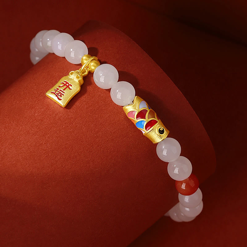 Bracciale Buddha Stones 925 Sterling Silver Hetian Giada Bianca Agata Rossa Koi Pesce Fortuna Felicità - image 1