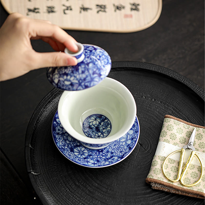 Buddha Stones Vintage Blu e Bianco Porcellana Ceramica Gaiwan Sancai Tazza da Tè Kung Fu Tazza da Tè e Piattino con Coperchio