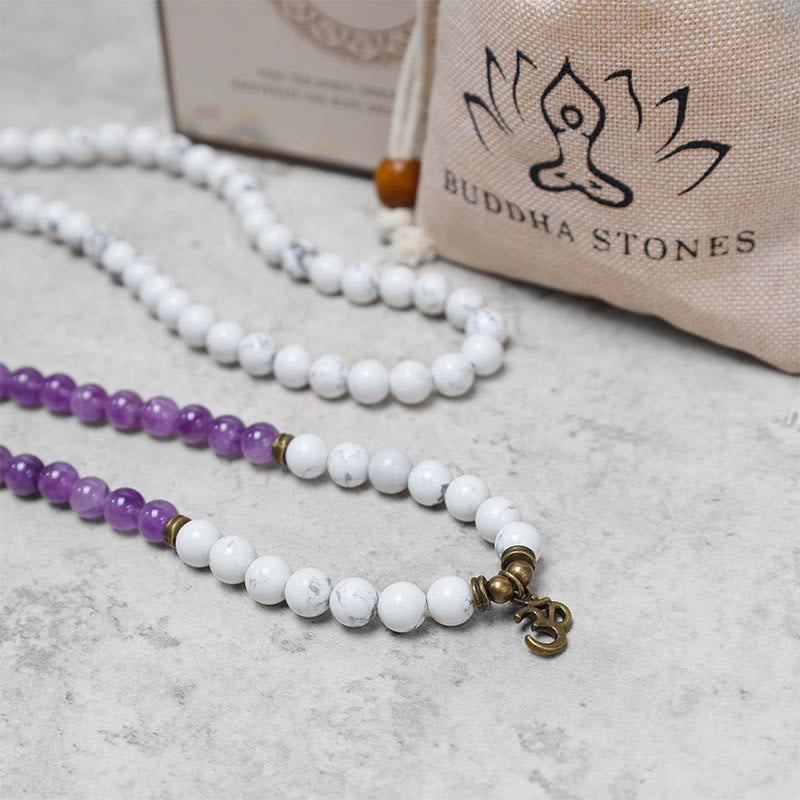 Buddha Stones 108 Mala Beads Ametista Bianco Turchese OM Braccialetto energetico per meditazione curativa - image 7