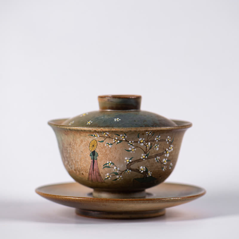 Buddha Stones Jingdezhen dipinte a mano Ru Kiln porcellana Hanfu ragazza fiore ceramica Gaiwan Sancai tazza da tè Kung Fu tazza da tè e piattino con coperchio