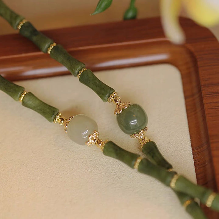 Braccialetto della fortuna con motivo di bambù in giada Hetian con peridoto placcato in rame 14K Buddha Stones