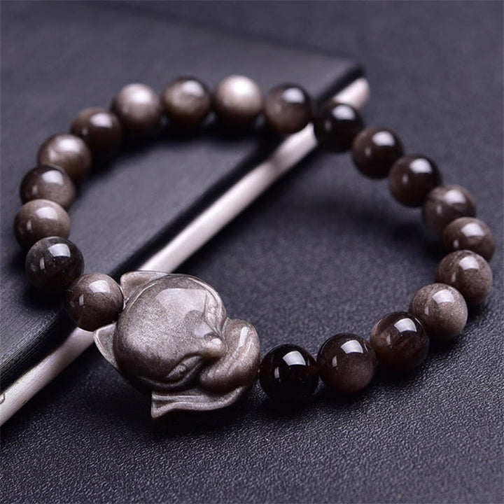 Braccialetto di protezione in ossidiana naturale con Buddha Stones argento lucido