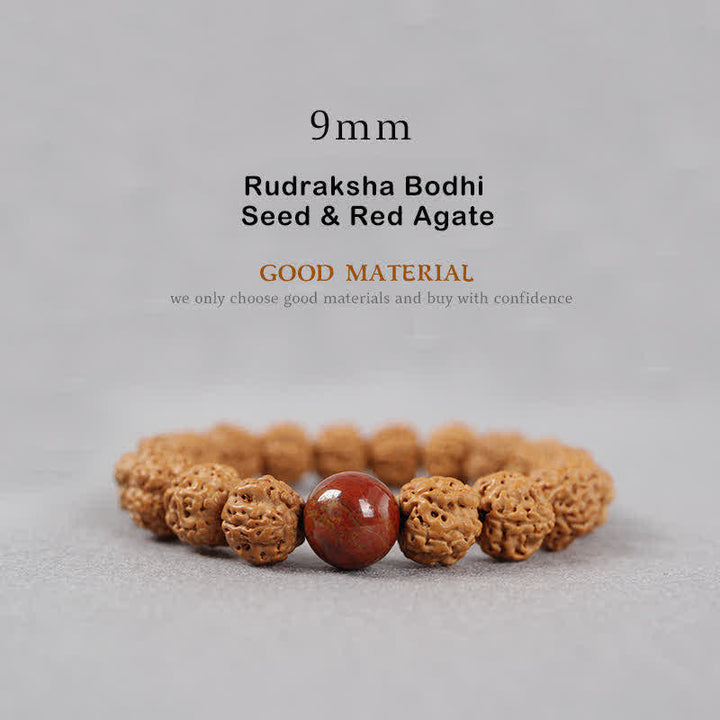 Buddha Stones Tibet Rudraksha Bodhi Seed Dzi Bead Ambra Turchese Bracciale della Ricchezza - 9 mm - Seme di Rudraksha Bodhi e agata rossa - image 8