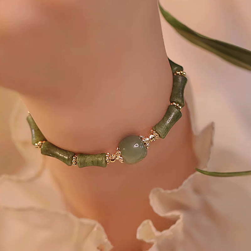 Braccialetto della fortuna con motivo di bambù in giada Hetian con peridoto placcato in rame 14K Buddha Stones