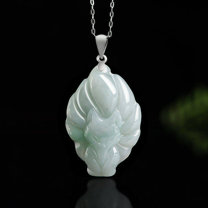 Collana con ciondolo in acciaio al titanio e catena in giada naturale con volpe a nove code Buddha Stones - Giada (Prosperità♥Abbondanza) - image 0