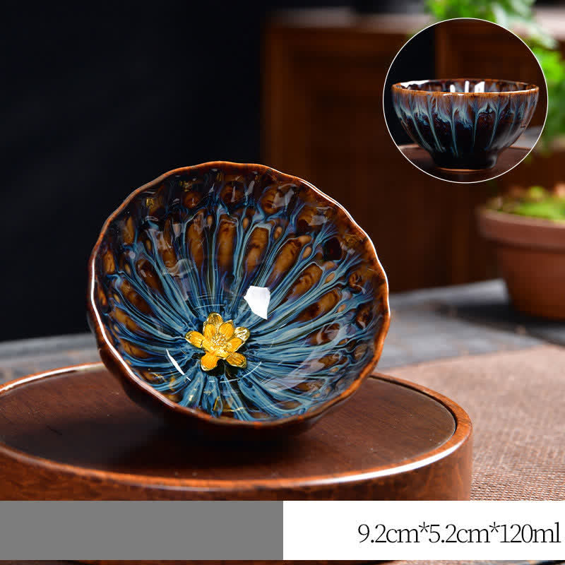Buddha Stones Lotus Pavone Drago Fenice Koi Pesce Tazza da tè in ceramica Tazze da tè intarsiate 120ml - Oro - Fiore di loto - image 12
