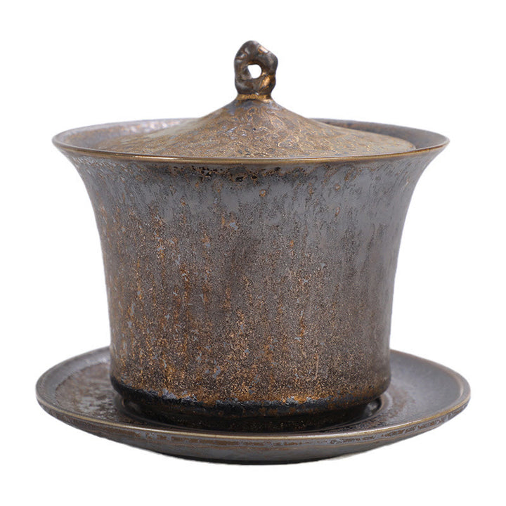 Buddha Stones Retro Rust Glaze Ceramic Gaiwan Sancai Tazza da tè Kung Fu Tazza da tè e piattino con coperchio
