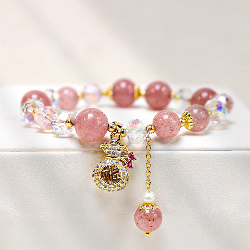 Braccialetto positivo con ciondolo a forma di sacchetto di denaro in cristallo di quarzo fragola naturale Buddha Stones