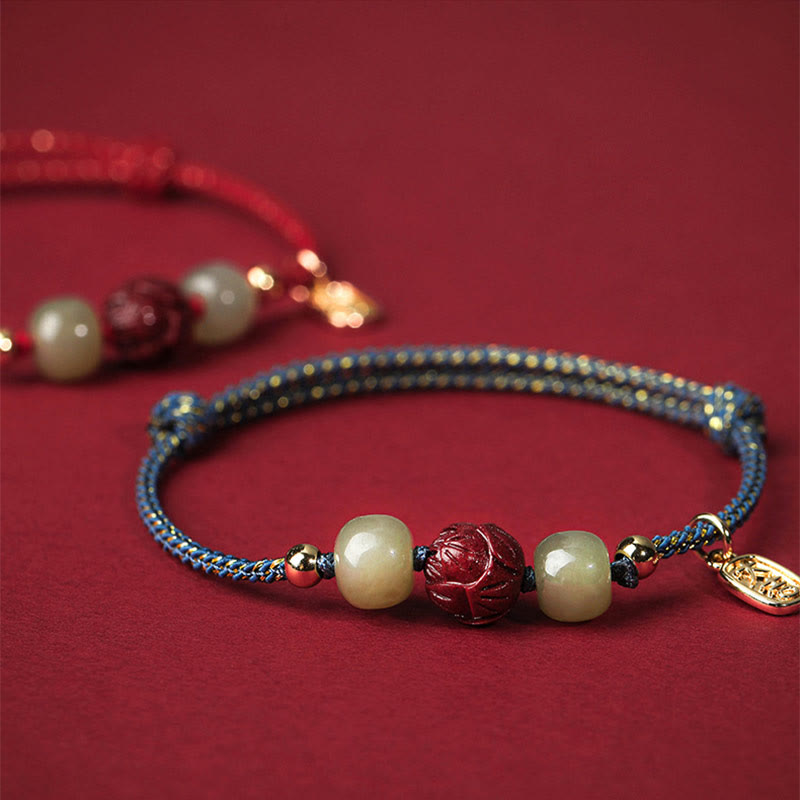 Braccialetto di corda artigianale Buddha Stones in giada Hetian placcato oro 14K, cinabro e loto portafortuna - image 8