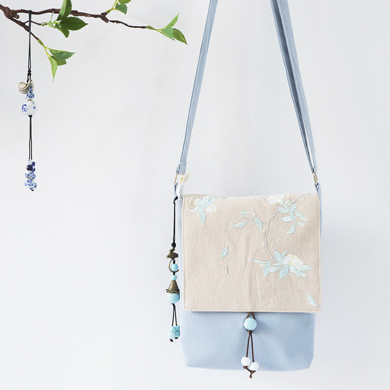 Borsa a tracolla in tela con fiori di prugna ricamati a mano , Buddha Stones, borsa a tracolla