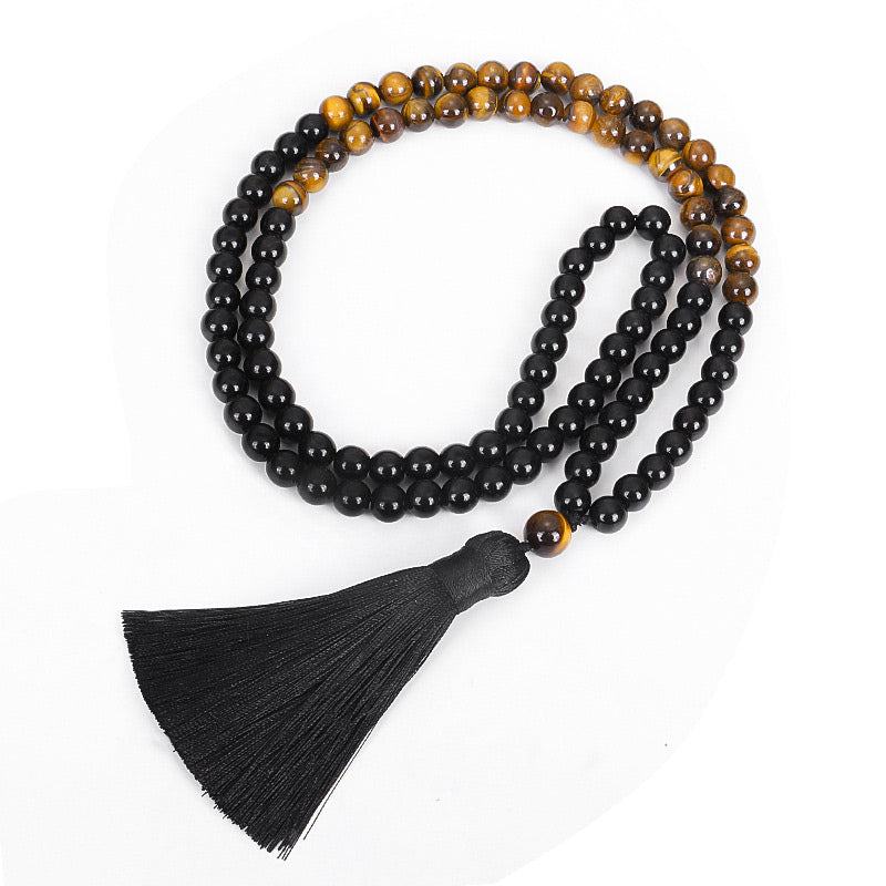 Collana di protezione con occhio di tigre in onice nero tibetano Buddha Stones Mala Set