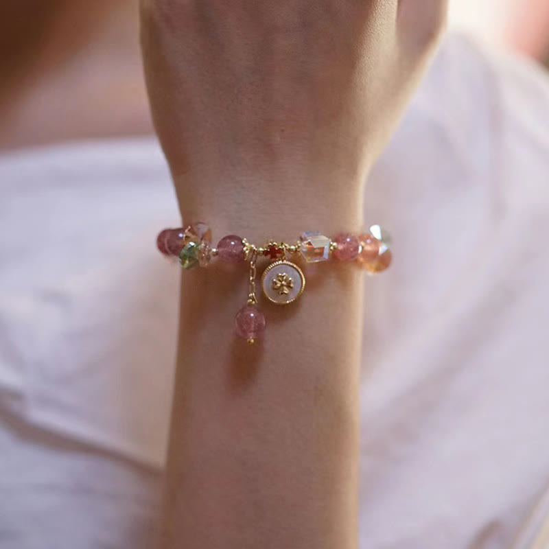 Braccialetto portafortuna con ciondolo curativo a forma di quadrifoglio fortunato in quarzo fragola Buddha Stones