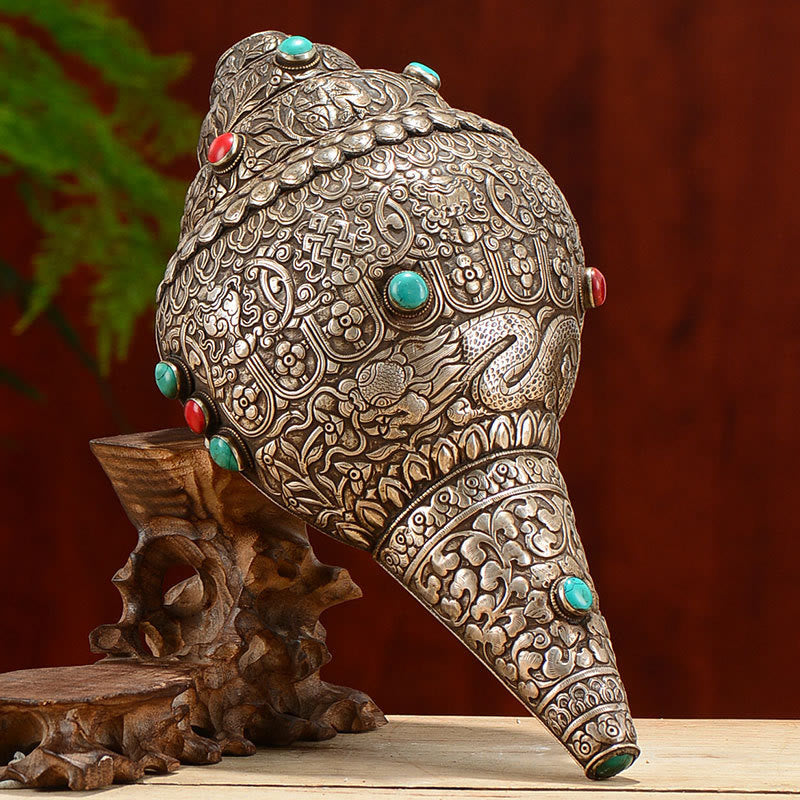 Tibetano fatto a mano naturale Shankha inciso otto simboli di buon auspicio conchiglia fortunata decorazione per la casa - 27,5*15 cm - image 0