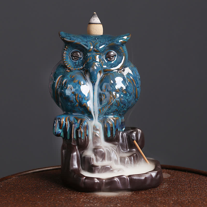 Buddha Stones Gufo carino Fontana di fumo a riflusso in ceramica Bruciatore di incenso Decorazione per meditazione