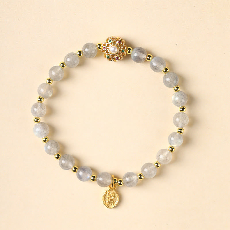 Bracciale con ciondolo positivo Fu Character Buddha Stones placcato oro 14K, quarzo fragola naturale Labradorite Sun Stone