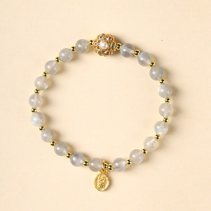 Bracciale con ciondolo positivo Fu Character Buddha Stones placcato oro 14K, quarzo fragola naturale Labradorite Sun Stone
