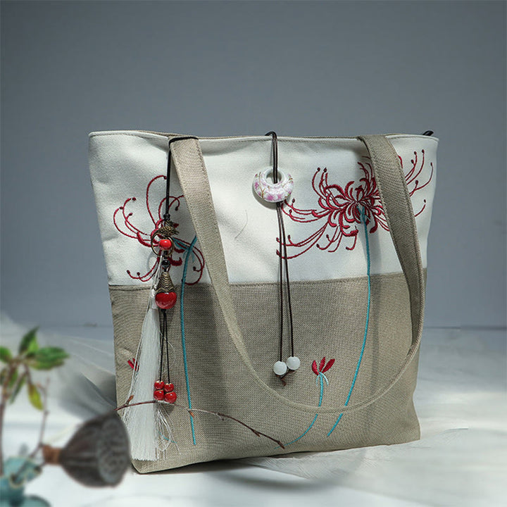 Borsa a tracolla grande capacità in tela con ricamo in bambù, prugna, fiore di pera, pesco - image 41