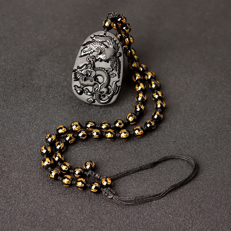 Collana con ciondolo di perline di protezione in ossidiana nera con occhio di tigre, drago e fenice - Filo di perline retrattili in oro ossidiana - image 11