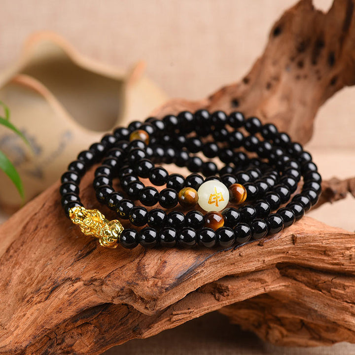 Bracciale Mala di protezione PiXiu in ossidiana con Buddha Stones e zodiaco cinese