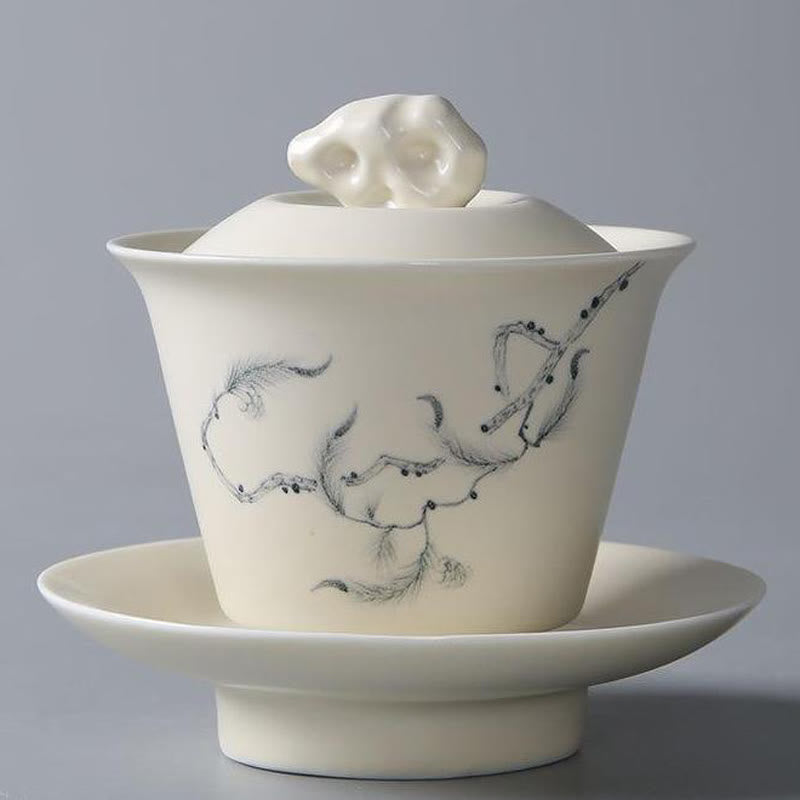 Buddha Stones dipinto a mano melograno ibisco pino loto ceramica gaiwan sancai tazza da tè kung fu tazza da tè e piattino con coperchio