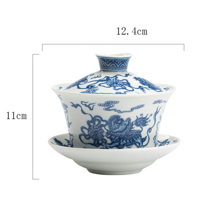 Buddha Stones Blu e Bianco Porcellana Loto Koi Pesce Danza del Leone Anguria Ceramica Gaiwan Sancai Tazza da Tè Kung Fu Tazza da Tè e Piattino con Coperchio 300ml