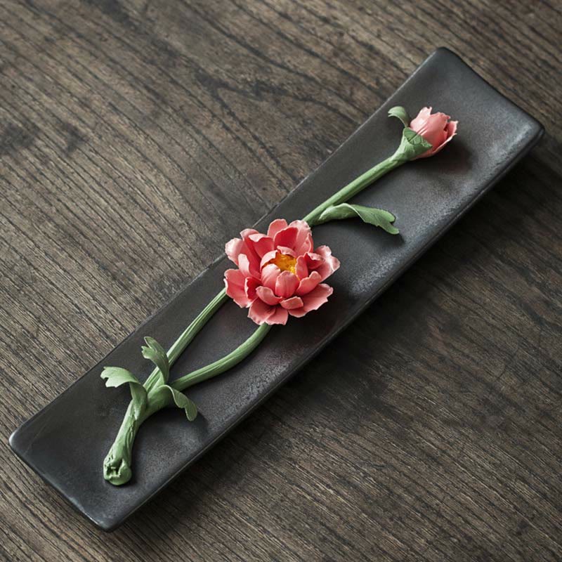 Buddha Stones Lotus Peonia Rosa Fiore Ceramica Bruciatore di Incenso Spirituale
