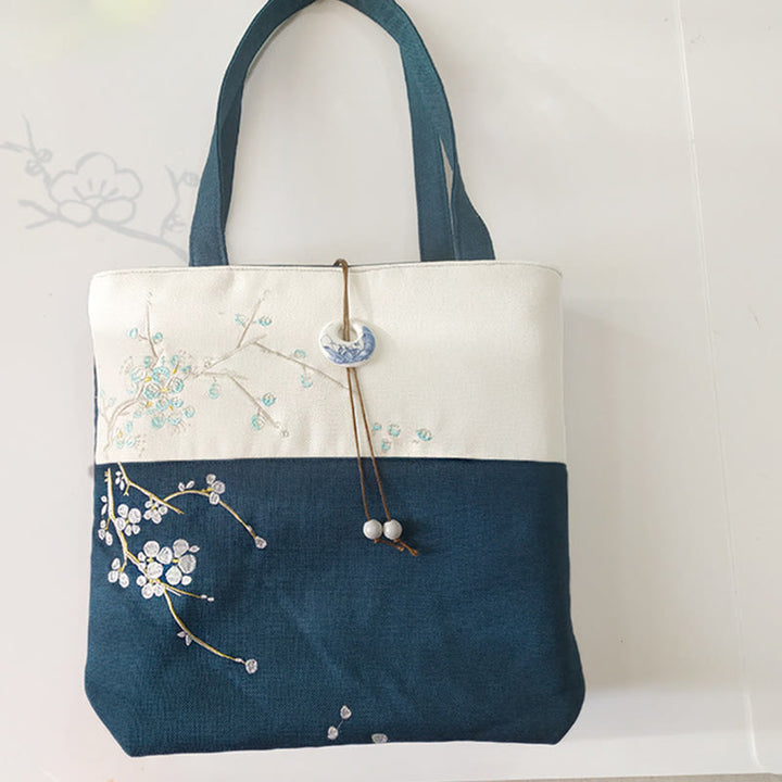 Borsa a tracolla grande capacità in tela con ricamo in bambù, prugna, fiore di pera, pesco - image 30