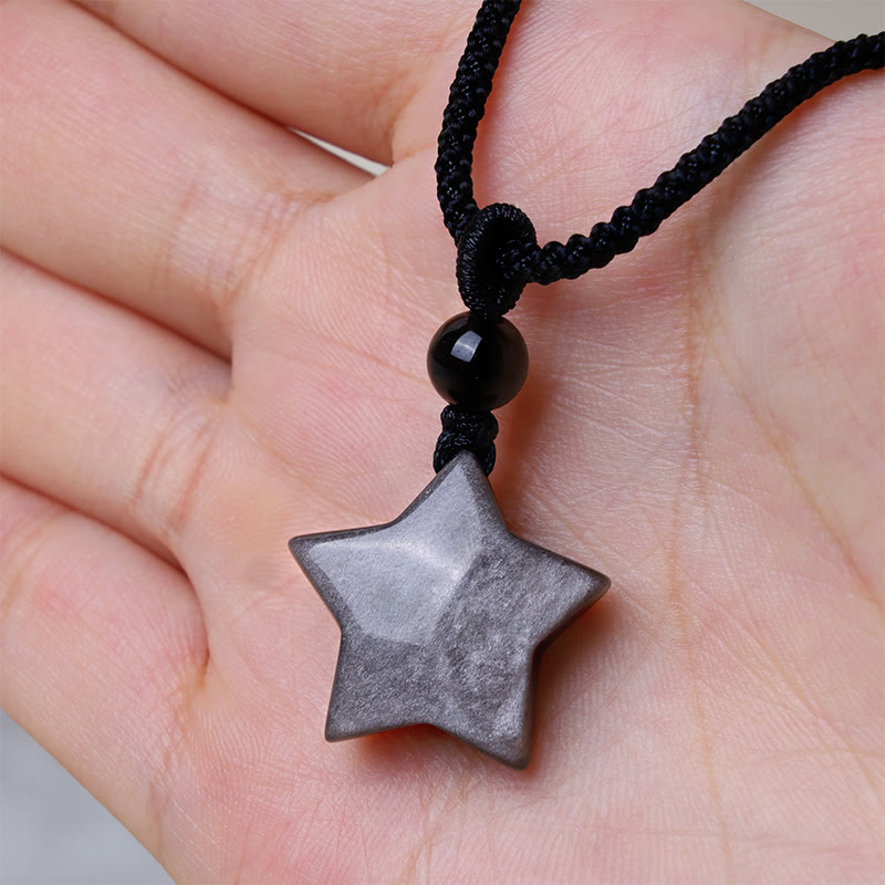 Collana con ciondolo a forma di mezzaluna stellata in ossidiana naturale Buddha Stones argento