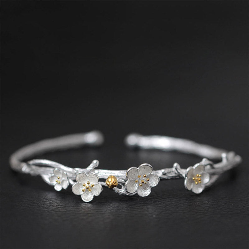 Buddha Stones Braccialetto regolabile con benedizione a forma di fiore di prugna in argento sterling 925 - image 12