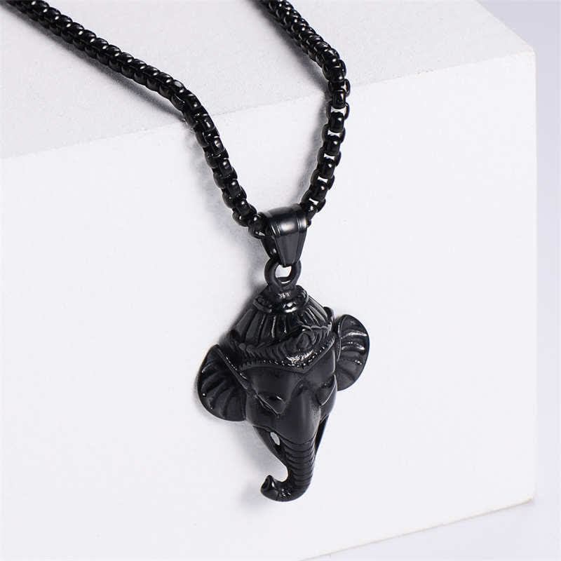 Collana con ciondolo di protezione in acciaio al titanio con elefante Ganesh Ganpati - Nero - image 7