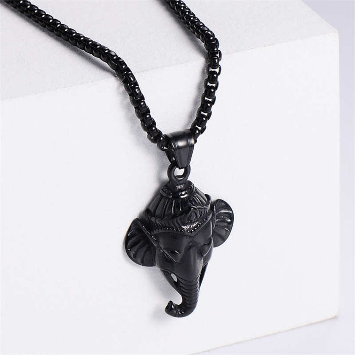 Collana con ciondolo di protezione in acciaio al titanio con elefante Ganesh Ganpati - Nero - image 7