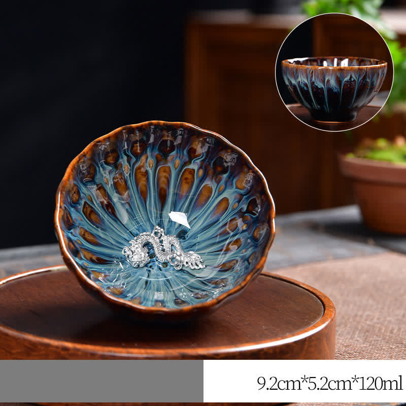Buddha Stones Lotus Pavone Drago Fenice Koi Pesce Tazza da tè in ceramica Tazze da tè intarsiate 120ml - Argento - Drago - image 20