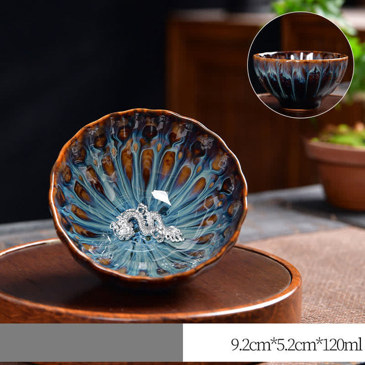 Buddha Stones Lotus Pavone Drago Fenice Koi Pesce Tazza da tè in ceramica Tazze da tè intarsiate 120ml - Argento - Drago - image 20