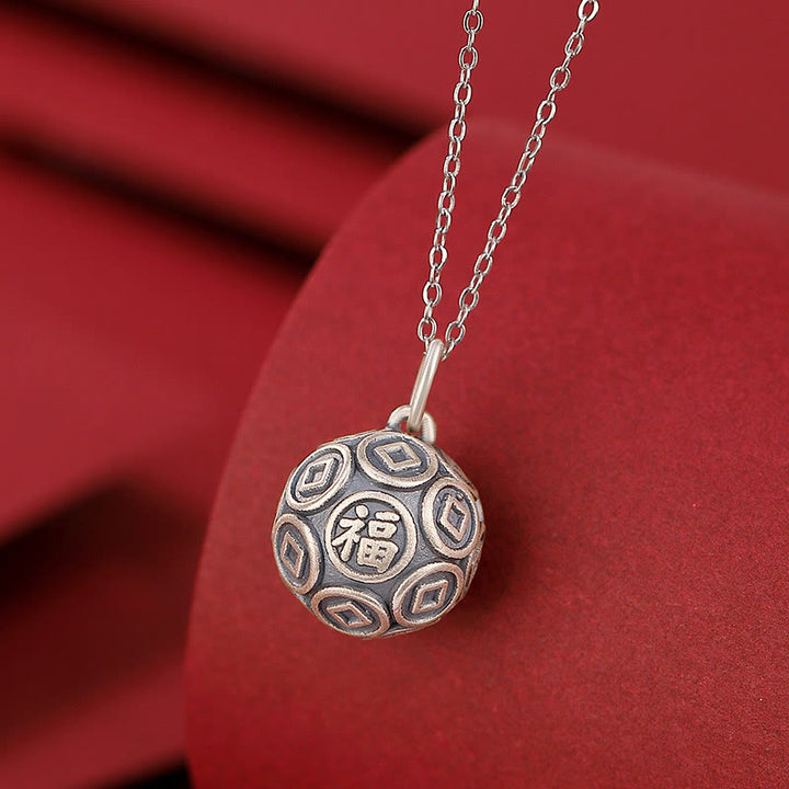 Collana con ciondolo a forma di moneta in rame con ciondolo a forma di catena con ciondolo a forma di moneta in argento sterling 990 Fu Character Buddha Stones