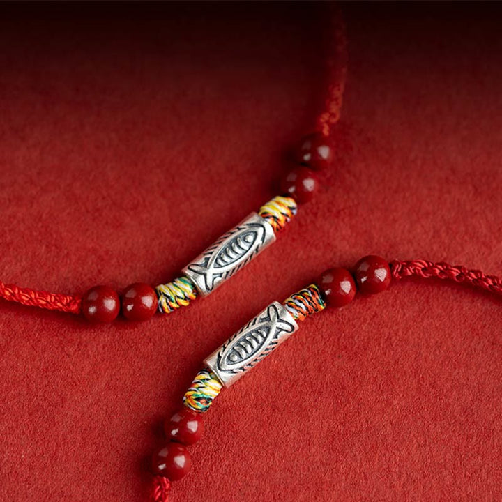 Buddha Stones 925 Sterling Silver Koi Fish Cinnabar Bead Wealth Braccialetto intrecciato artigianale Cavigliera - image 15